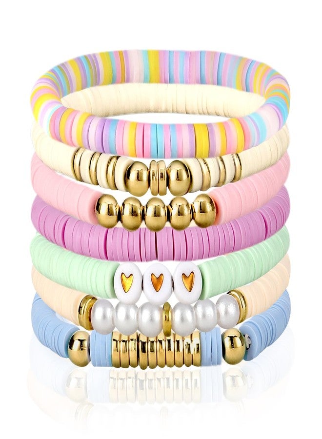 JOLYEAK 7PCS Friendship Bracelets,Heishi Clay Bead Bracelet,Stackable Preppy Bracelets for Stack Beads Boho Jewelry (Macaron Color) - Image 1